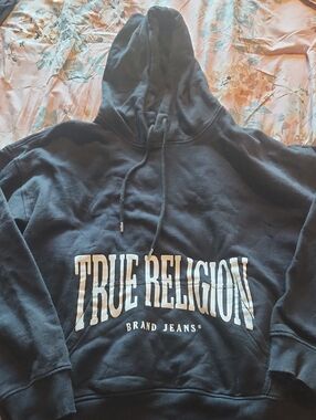 True Religion Black Hoodie with White  Logo Size L